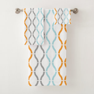 Blue, gray and orange funky stripes pattern bath towel set