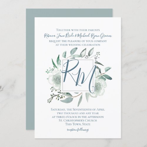 Blue Gray and Sage Botanical Floral Watercolor Invitation