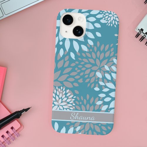 Blue Gray and Teal Modern Abstract Floral Pattern Case_Mate iPhone 14 Case