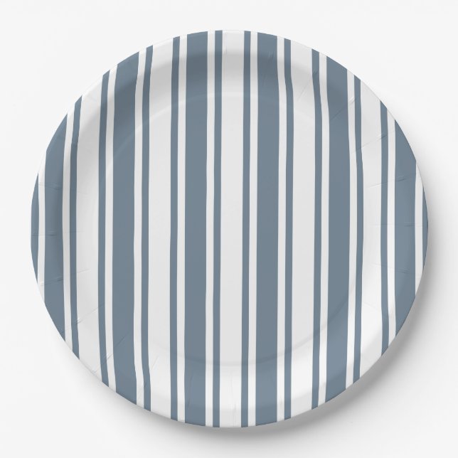 Blue-gray and white candy stripes paper plates (Front)