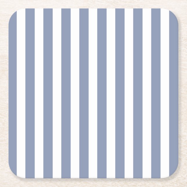 Blue gray and white candy stripes square paper coaster (Front)