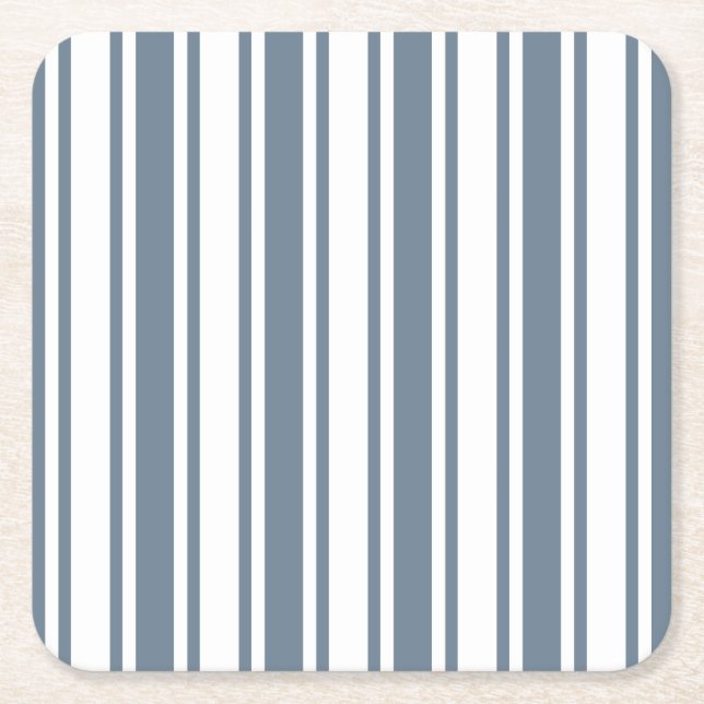 Blue-gray and white candy stripes square paper coaster (Front)