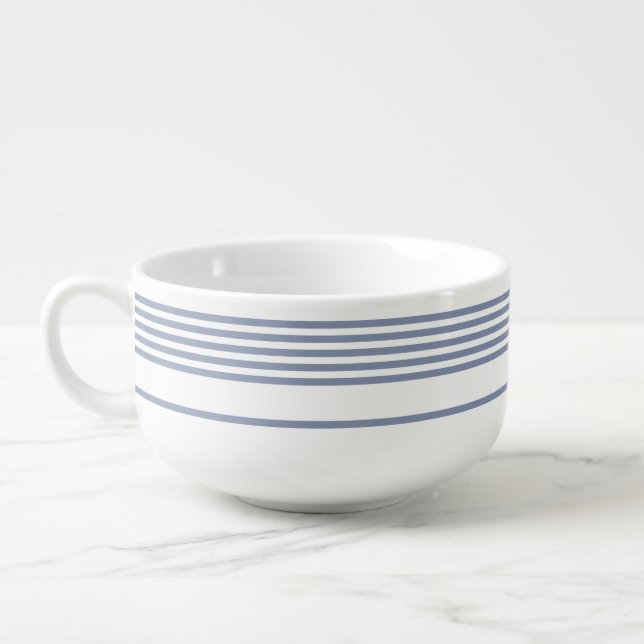 Blue-gray and white five stripe pattern soup mug (Right)
