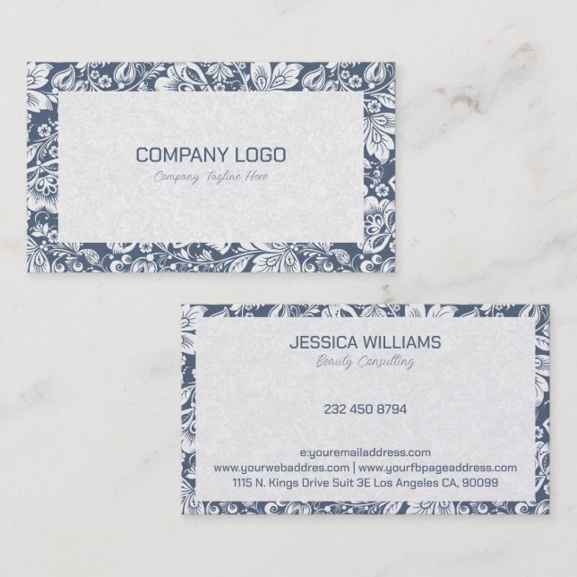 Blue-gray and white floral damasks business card (Front/Back)