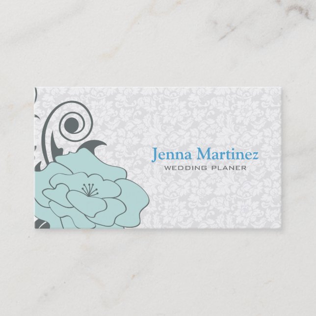 Blue Gray And White Floral Design Business Card (Front)