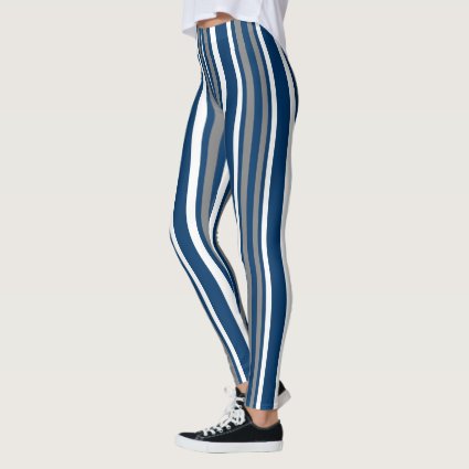 Blue Gray and White Stripe Pattern Leggings