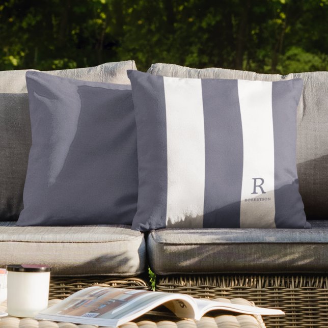 Blue Gray and White Stripes Monogram Name Outdoor Throw Pillow (Creator Uploaded)