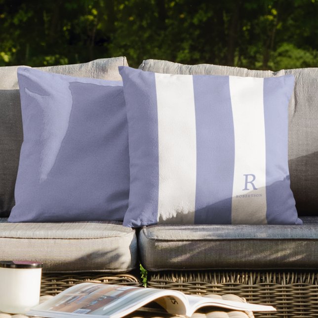 Blue Gray and White Stripes Monogram Name Outdoor Throw Pillow (Creator Uploaded)