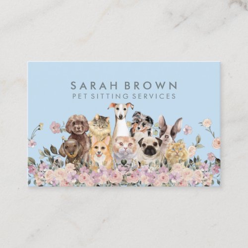 Blue Gray Animal Flowers Pet Dogs Cats Business Card