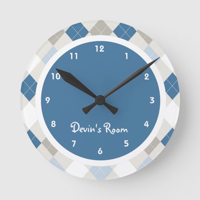 Blue & Gray Argyle Kid's Bedroom Round Clock (Front)