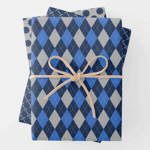 Blue  Gray Argyle Pattern Mix Trio Wrapping Paper Sheets