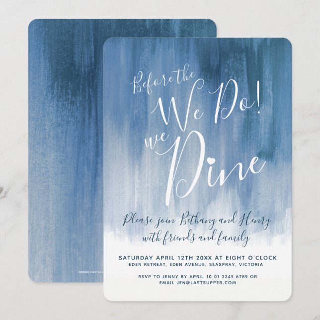 Blue gray art rehearsal dinner before we do invitation (Front/Back)