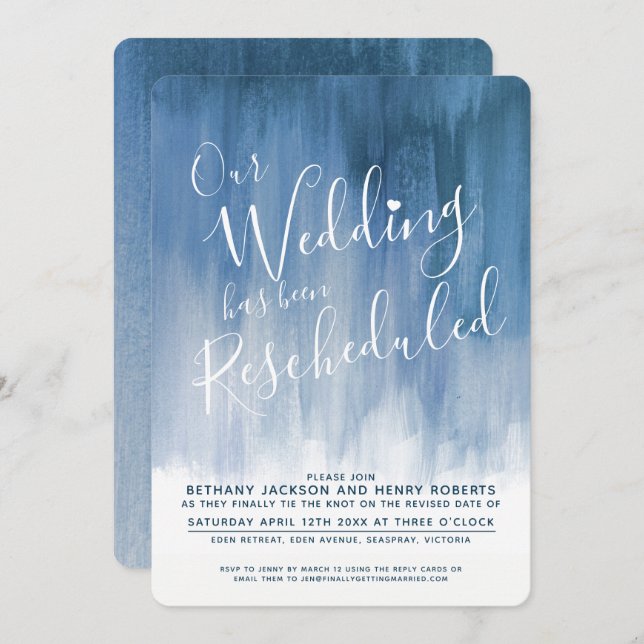 Blue gray art rescheduled wedding invitation (Front/Back)