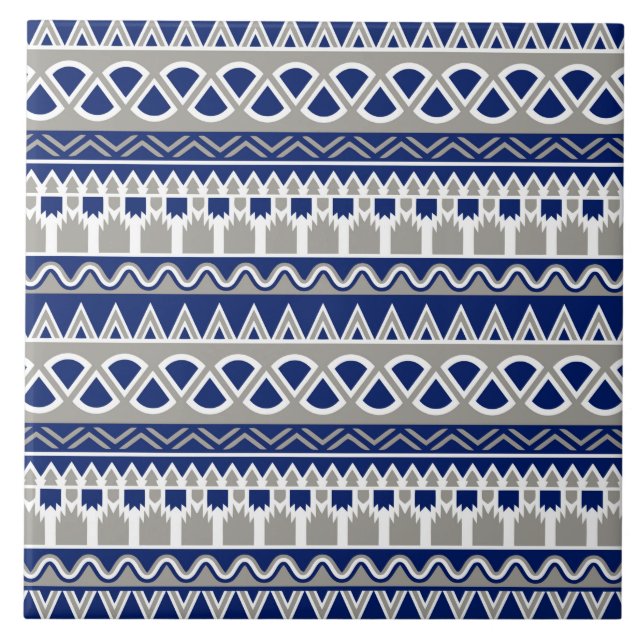 blue gray aztec tiled pattern ceramic tile (Front)