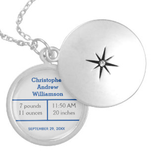 Blue Gray Baby Boy Birth Stats Gift for New Mom  Locket Necklace