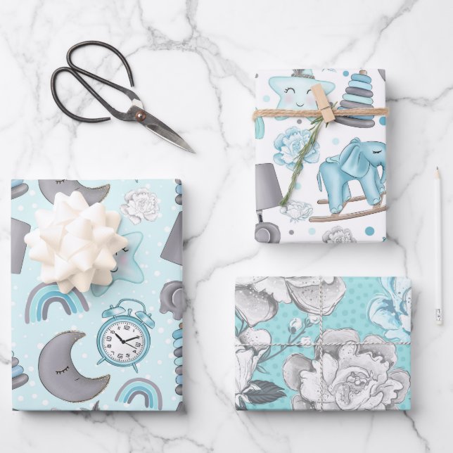 BLUE & GRAY BABY BOY ITEMS TOYS STARS WRAPPING PAPER SHEETS (Front)