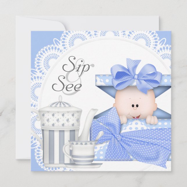 Blue Gray Baby Boy Sip And See Invitations (Front)