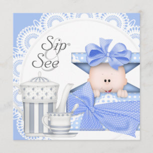 Blue Gray Baby Boy Sip And See Invitations