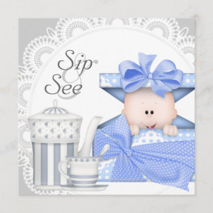 Blue Gray Baby Boy Sip And See Invitations