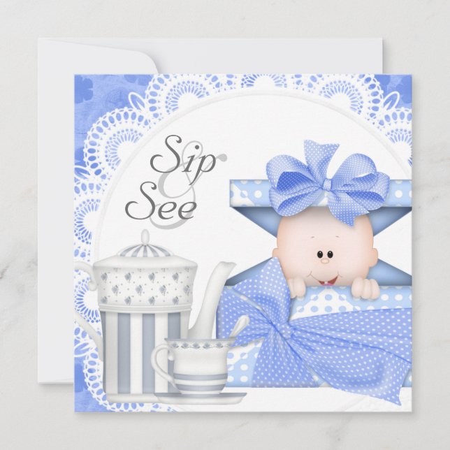 Blue Gray Baby Boy Sip And See Invitations (Front)