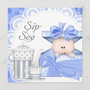 Blue Gray Baby Boy Sip And See Invitations