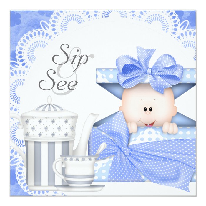 Blue Gray Baby Boy Sip And See Invitations Zazzle