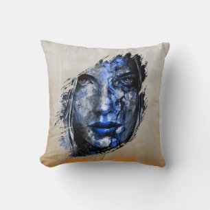 Blue Gray Bad Girl face rustic abstract Throw Pillow