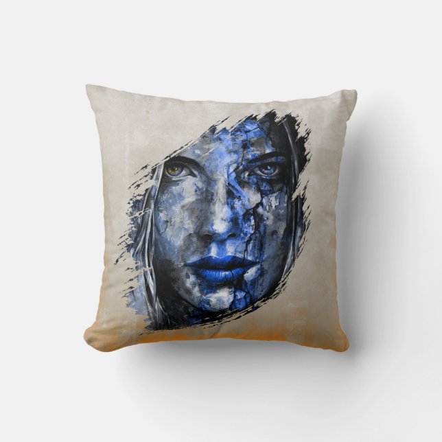 Blue Gray Bad Girl face rustic abstract Throw Pillow (Front)