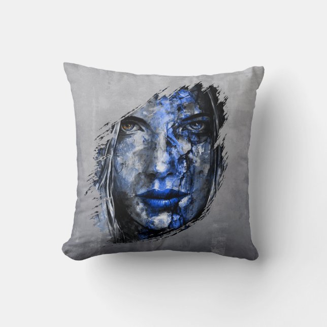 Blue Gray Bad Girl face Throw Pillow (Front)