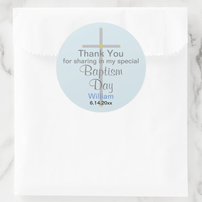 Blue Gray Baptism Son Thank You Classic Round Sticker (Bag)