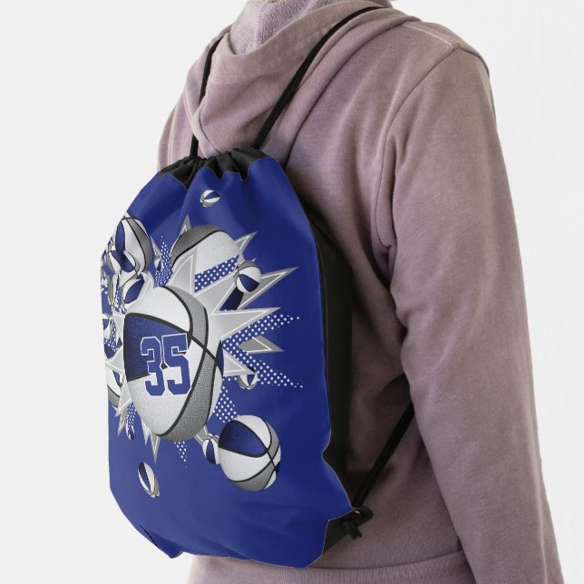 blue gray basketballs stars girls jersey number drawstring bag (Insitu)
