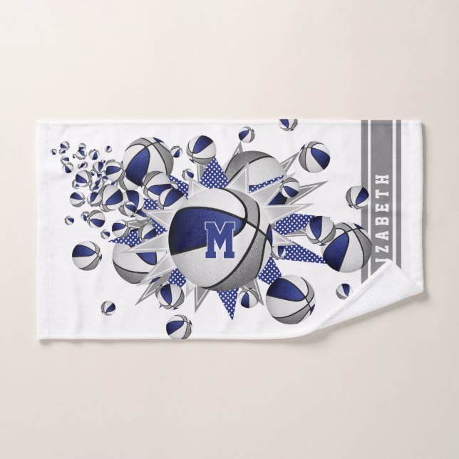blue gray basketballs stars girls monogrammed hand towel  (Hand Towel)