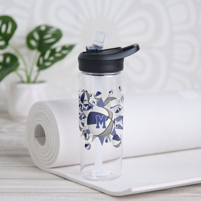 blue gray basketballs stars girls monogrammed water bottle (Yoga)