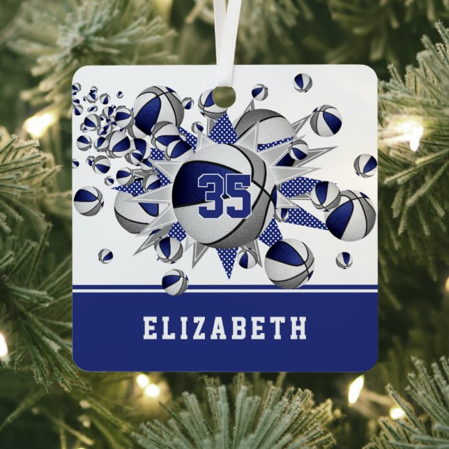 Blue gray basketballs stars personalized  metal ornament (Insitu)