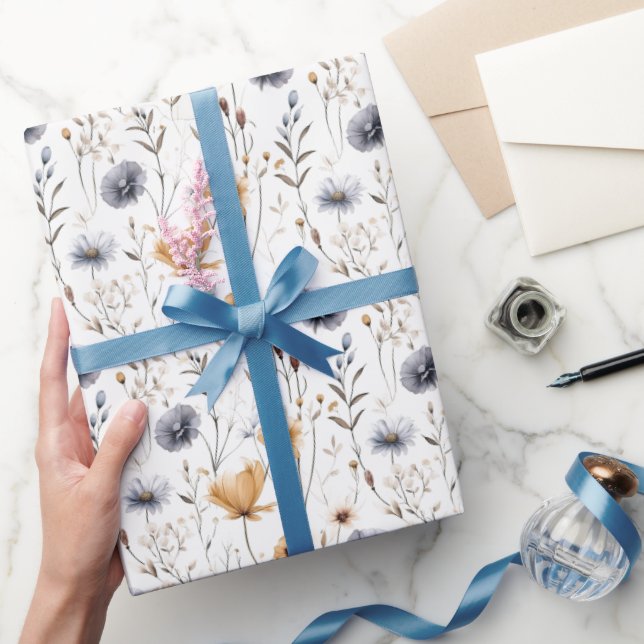 Blue Gray Beige Brown White Boho Flowers Birthday Wrapping Paper (Gifting)