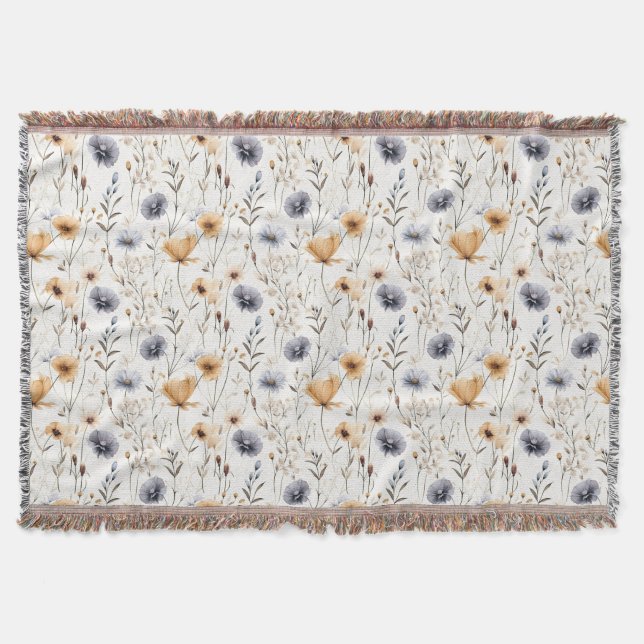 Blue Gray Beige Brown White Boho Flowers Botanical Throw Blanket (Front)