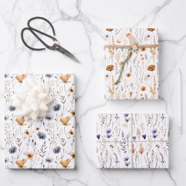 Blue Gray Beige Brown Wildflowers Boho Birthday  Wrapping Paper Sheets (Front)