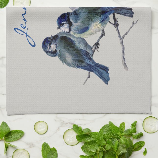  Blue Gray Birds Elegant Watercolor Custom Name Kitchen Towel (Folded)