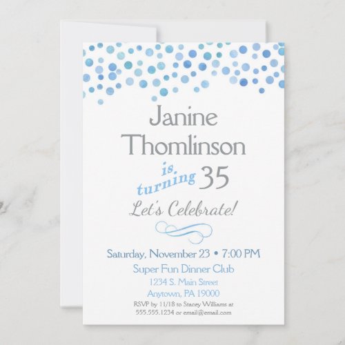 Blue Gray Birthday Invitation Confetti Watercolor