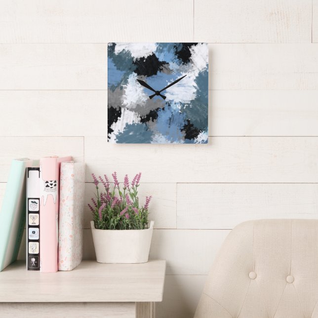 Blue Gray Black Abstract Brushstrokes  Square Wall Clock (Reading Room)