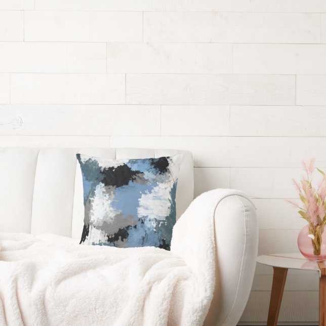 Blue Gray Black Abstract Brushstrokes Throw Pillow (Couch)