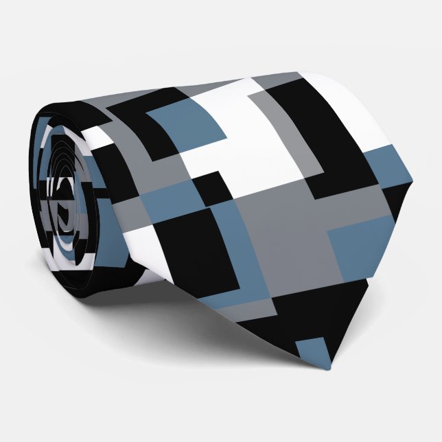 Blue, Gray, Black and White Abstract Pattern Neck Tie (Rolled)