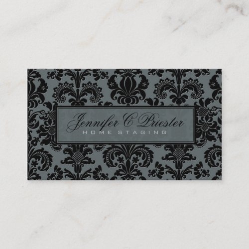 Blue-Gray &amp; Black Elegant Vintage Floral Damask Business Card Template