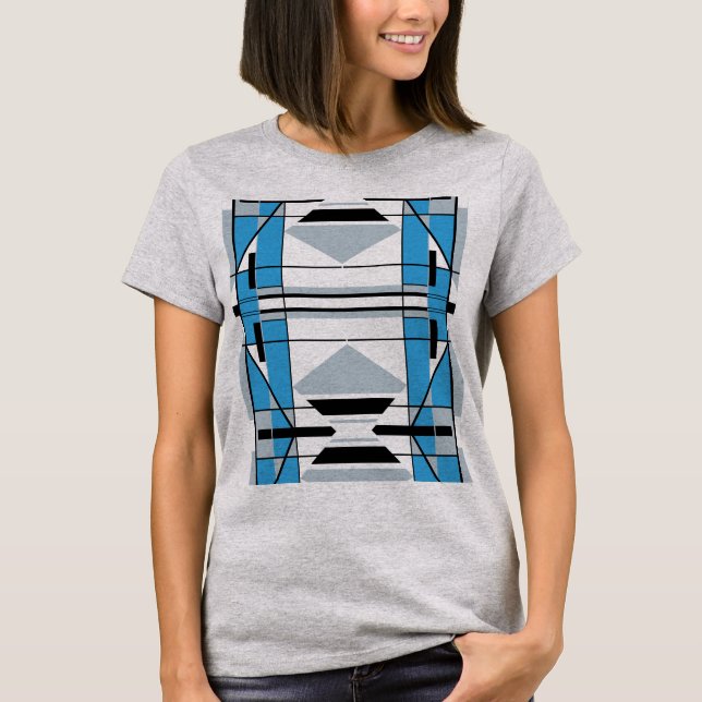Blue Gray Black Large Mosaic Tile Southwest Look T-Shirt (Front)
