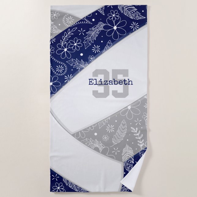 blue gray boho floral feathers pattern volleyball beach towel (Front)
