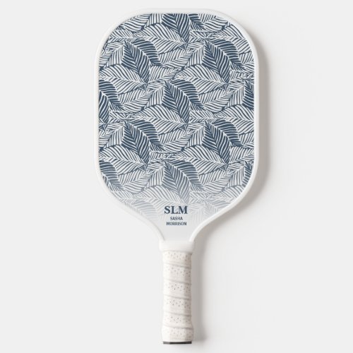 Blue Gray Botanical Leaf Pattern Custom Monogram Pickleball Paddle