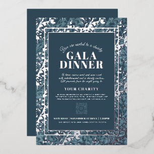 Blue gray botanical pattern gala dinner event foil invitation