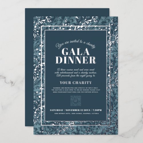 Blue gray botanical pattern gala dinner event foil invitation