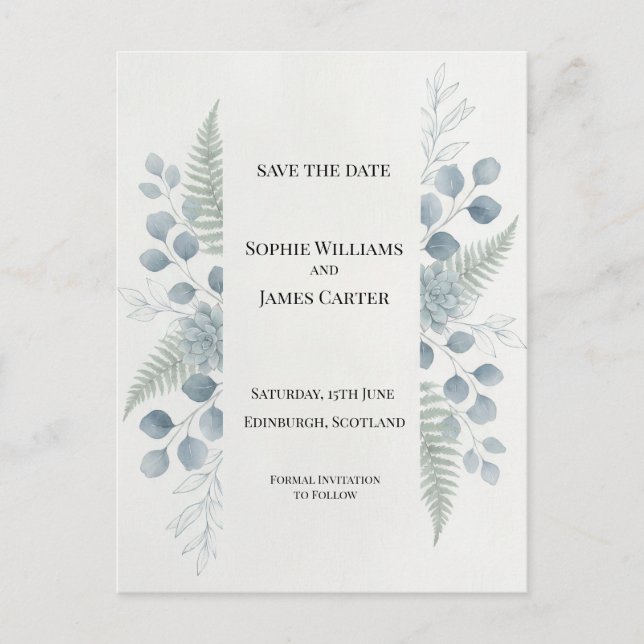 Blue Gray Botanical Save The Date Postcard (Front)