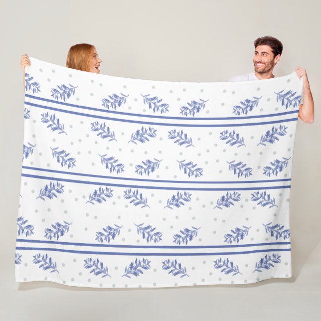 Blue & Gray Botanical Watercolor Pattern Fleece Blanket (In Situ)